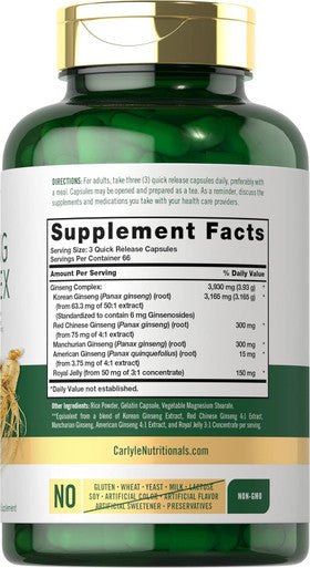 Carlyle Ginseng Complex Capsules | 200 Count | Non-GMO and Gluten Extract | Traditional Herbal Root Supplement