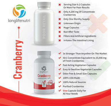 LongLifeNutri Cranberry 500Mg 180 Vegetarian Capsules | Uti | Pure Fruit Concentrate Extract 25,000 Mg | Plus Vitamin C & E | Herbal Supplement | Potent Natural Fresh Pill Complex
