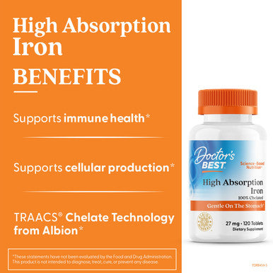 Doctor's Best High Absorption Iron With Ferrochel, 27 mg, 120 Tablets