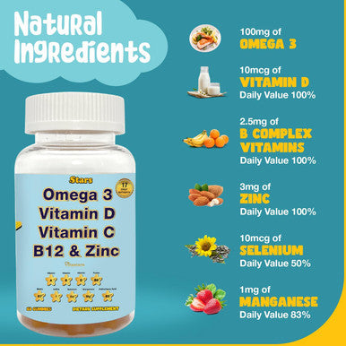 Adult Multivitamin Gummy With Omega 3, Chewable Multivitamin With Selenium, Vitamin A, B, C, D, Biotin, Multivitamin For Women, Multivitamin For Men, 60 Star Shaped Multivitamin Gummies