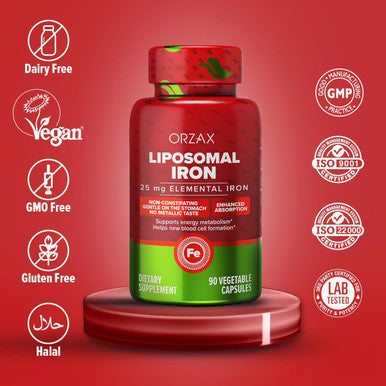 Orzax Iron Supplement 25 Mg -Liposomal Technology- High Bioavailability 90 Vegetable Capsules, Helps Blood Cell Production, Non-Constipating, Non-Gmo & Gluten Free, For Women, Men, Adults