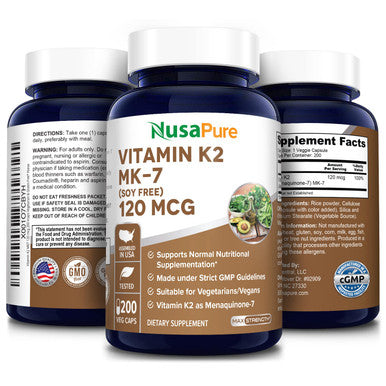NusaPure Vitamin K2 MK7 120 mcg 200 Veggie Caps (Non-GMO, Vegan & )