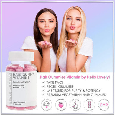 Hello Lovely Hair Vitamins Gummy With Biotin 5000 Mcg Vitamin E & C Support Hair Growth, Premium Vegetarian Non-Gmo, For Stronger Beautiful Hair, Skin & Nails Supplement - 60 Bear Gummies