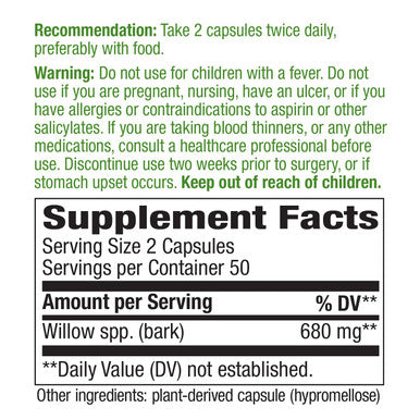 Nature'S Way Willow Bark, Traditional Relief Of Discomfort Due To Occasional Overexertion*, Non-Gmo Project Verified, 800 Mg Per Serving, 100 Vegan Capsules