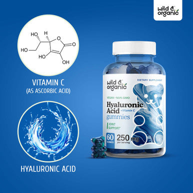 Wild & Organic Hyaluronic Gummies w/Vitamin C - Support Skin Hydration for Glow Reduce Wrinkle & Pigmentation - Pure HA Supplement w/Hair, Nails, Bone & Joint Health Formula - 60 Chews