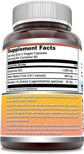 Amazing Nutrition Formulas Berberine with Bitter Melon & Banaba Extract Complex | 1250 Mg Per Serving | Veggie Capsules | Non-GMO | Gluten- | Made in USA (120 Count)