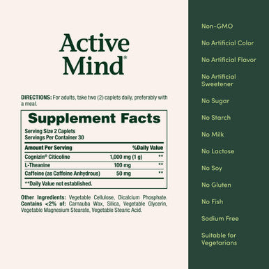 Nature's Bounty Active Mind Dietary Supplement Supports Focus And Attention Cognizin With L-Theanine And Caffeine Pills 1000 Mg 60 Caplets