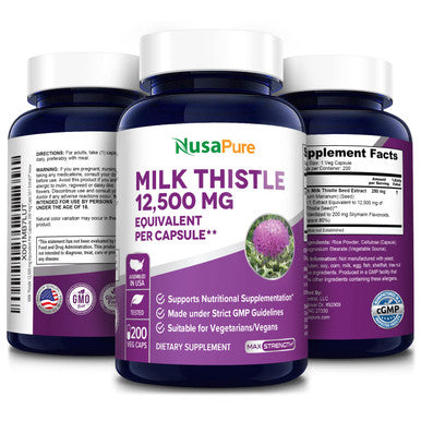 NusaPure Milk Thistle Extract 12500mg 200 Veggie Capsules (Vegetarian,Organic Milk Thistle, 50:1, Non-GMO, ) Max Strength - Standardized 80% Silymarin