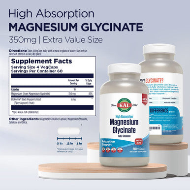 KAL Magnesium Glycinate, New & Improved Fully Chelated High Absorption Formula with BioPerine, Bisglycinate Chelate for Relaxation, Muscle & Bone Health Support, 60 Servings, 240 VegCaps