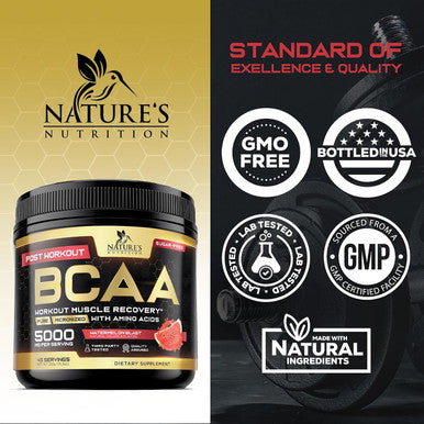 Nature'S Nutrition BCAA Powder 4g BCAAs 2:1:1 1g Glutamine B6 - Pre Workout Drink Energy Boost & Post Workout Muscle Recovery Amino Acids Supplement for Men & Women - Keto Sugar Watermelon Flavor - 45 Servings