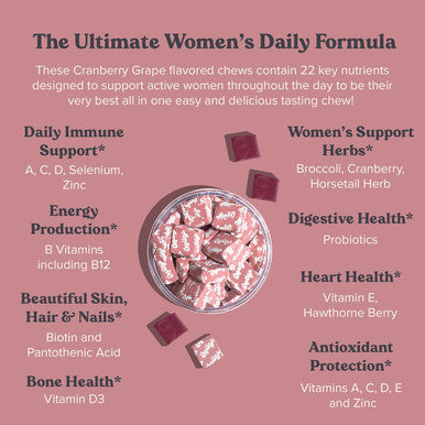 Chewsy Women'S Multivitamin Chews, Immune & Energy Support, Vitamins C, B12, A, D, E, Folic Acid, Probiotics, Biotin, Cranberry, Adult Chewable Vitamin, Individually Wrapped Fruity Chews,30-Day Supply