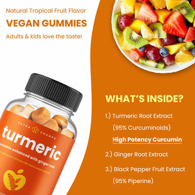 Turmeric Gummies For Adults & Kids With Ginger & Black Pepper Extract 95% Curcuminoids Vegan Natural Curcumin Joint Support 120 Tumeric Gummy Supplements (2-Pack Of 60)