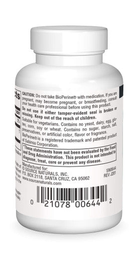 Source s BioPerine, Black Extract, 10mg, Promotes Nutrient Absorption - 120 Tablets
