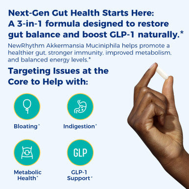 NewRhythm Akkermansia Muciniphila Probiotic 10 Billion TFU Pasteurized Maximum Stability Green Tea Leaf EGCG GLP-1 Production Metabolic Health Gut Immunity for Women & Men 60 Caps