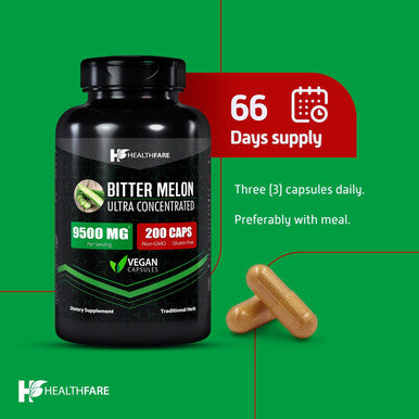 Healthfare Organic Bitter Melon Extract 9500Mg | 200 Capsules | Ultra Concentrated | Digestive Health Support | Extra Strength