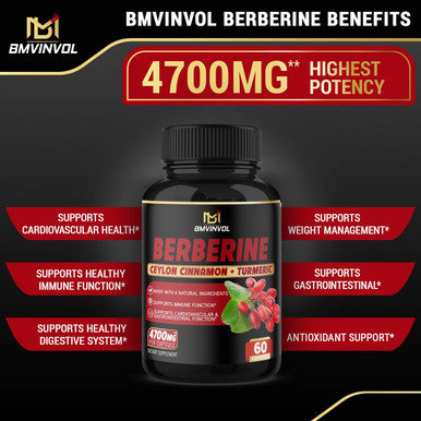 Berberine Supplement 4700mg High Potency with Ceylon Cinnamon Turmeric Cardiovascular Gastrointestinal Immune Support Berberine HCl Supplement Pills
