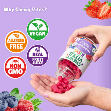Chewy Vites Kids Magnesium 2 Months Supply 60 Kids Vitamins Gummies 500mg Magnesium Citrate Providing 56mg per Gummy Real Fruit Juice Age 3 + Berries Flavour