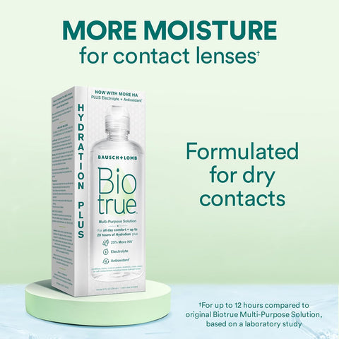Biotrue Hydration Plus Contact Lens Solution Multi-Purpose For Soft Lenses Hydrates With Hyaluronan Cleans Clears And Disinfects For All-Day Comfort 4 Fl Oz (Pack Of 1)