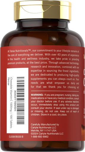 Carlyle Vitamin C Chewables | 1000mg | 100 Tablets Natural Orange Flavor | Vegetarian Non-GMO & Gluten Supplement | Tahoe Nutritionals