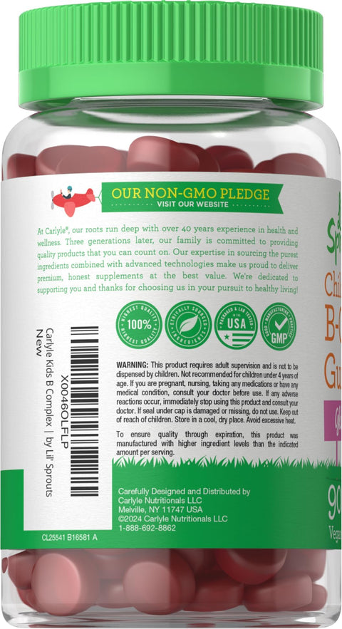 Carlyle Kids B Complex Gummies 90 Count with Vitamin B1 B2 B6 B12 and Ashwagandha Extract Peach Raspberry Flavor Vegan NonGMO and Gluten Free Supplement Lil' Sprouts