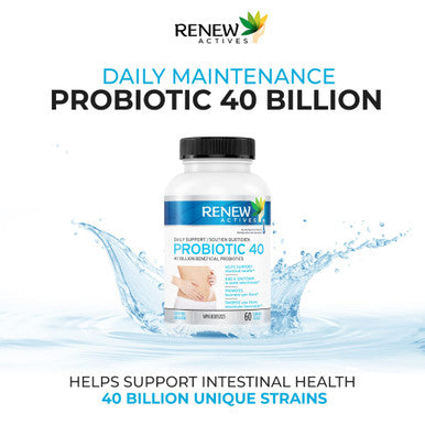 Renew Actives Probiotic 40 Billion Cfu Supplement - Double Strength High Potency For Health & Favourable Gut Flora - Daily Support For Both Men And Women Digestive Health - 60 Capsules