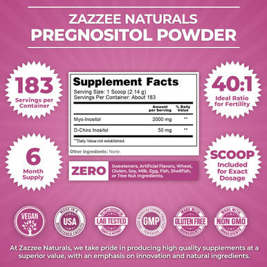 Zazzee Pregnositol Powder, 183 Servings, 6 Month Supply, Premium Myo-Inositol And D-Chiro-Inositol Fertility Blend, Ideal