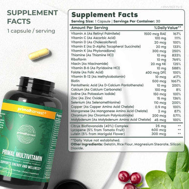 Primal Harvest Primal Multivitamin - Daily Multi-Vitamin Supplement With 21 Essential Vitamins & Minerals For Women & Men - Vitamin A, C, D, E, B12, B6, Biotin, Folic Acid, Zinc, Copper & Selenium