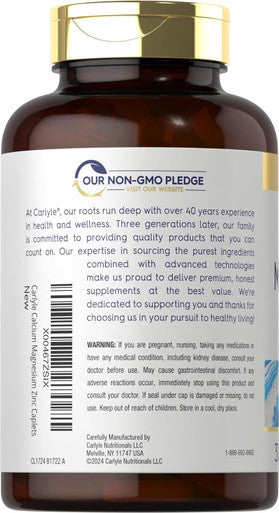 Carlyle Calcium Magnesium Zinc | 300 Caplets | Vegetarian Non-GMO Gluten Supplement
