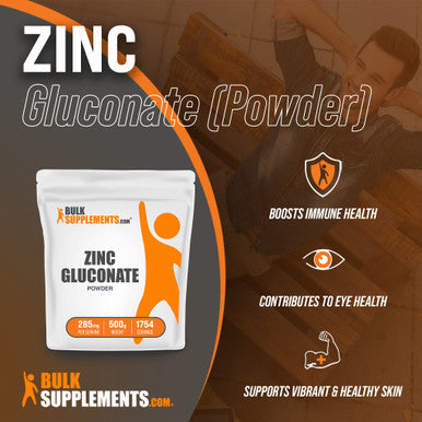 BulkSupplements Zinc Gluconate Powder - Raw Zinc - Vegan Zinc - Zinc Supplement for - Zinc Vitamins - Pure Zinc - Elemental Zinc - Zinc Powder - Zinc for Men (500 Grams - 1.1 lbs)