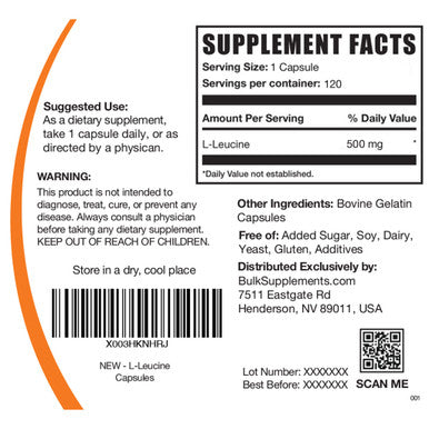 BulkSupplements L Leucine Capsules Leucine Supplements for Muscle Endurance BCAA Supplement Unflavored Capsules 1 Capsule 4 Month Supply (120 Capsules)