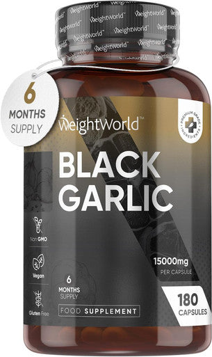 Weightworld Black Garlic Capsules - 180 High Strength Odourless Garlic Capsules - Not Garlic Tablets for Adults - 6 Months Supply - 15000mg per Capsule - Rich Source of Amino Acids - Vegan Garlic Supplement