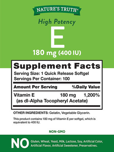 Nature's Truth Vitamin E Capsules 400 IU 100 Softgels Non-GMO and Gluten
