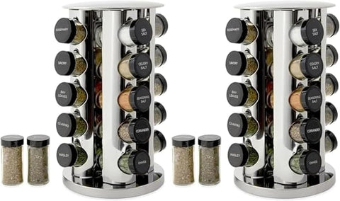 Kamenstein 20 Jar Revolving Countertop Spice Rack with Spices Included, FREE Spice Refills for 5 Years, Polished Stainless Steel with Black Caps, 30020