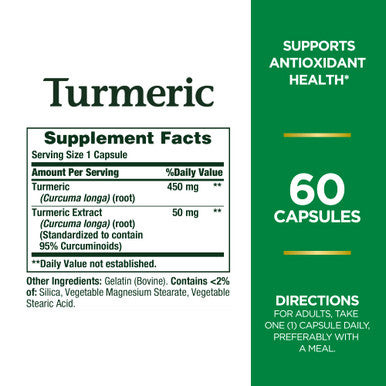 Nature's Bounty Turmeric Capsules Antioxident Health 450 Mg 60 Ct