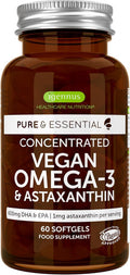 Vegan Dha & Epa Omega 3 Algae Oil & Astaxanthin Antioxidant, 1344Mg Omega 3, Pure & Sustainable, 60 Small Softgels, 400Mg Dha & 200Mg Epa, Clean Label, Easy-To-Swallow, 30 Servings, By Igennus