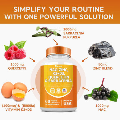Nac Supplement N-Acetyl Cysteine Nac 1000Mg Zinc Blend 50Mg K2 100Mcg Vitamin D3 5000 Iu N-Acetyl Cysteine 1000Mg Quercetin 1000Mg Sarracenia Purpurea 1000Mg L-Lysine Supplement, 60 Count