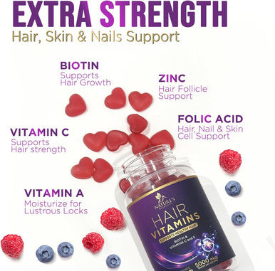 Hair Growth Supplement Gummy For Stronger, Radiant Hair, Skin & Nails - Hair Vitamins With Biotin 5000 Mcg And Vitamin E & C, Nature'S Extra Strength Hair Vitamins For Women & Men - 60 Gummies