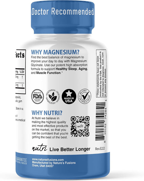Natures Fusions Nutri Pure Magnesium Glycinate 3680mg (Provides 480mg Elemental Magnesium) Chelated for High Absorption NonBuffered for Maximum Potency 120 Capsules
