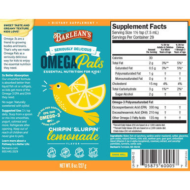 Barlean's Omega 3 Fish Oil Liquid Supplement for Kids Chirpin' Slurpin' Lemonade 540 mg of EPA and DHA Fatty Acid 8 oz