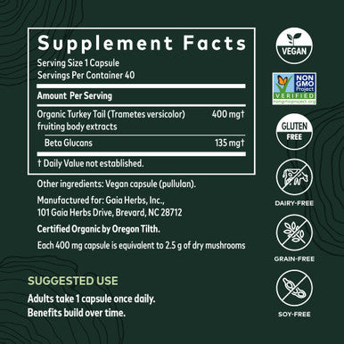 Gaia Herbs Turkey Tail Mushroom - Immune Support Supplement to Help Maintain Liver Health - with Organic Turkey Tail Mushroom ing Body Extract - 40 Vegan Capsules