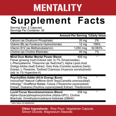 5% Nutrition Rich Piana Mentality Nootropic Blend | Brain Booster Supplement for Performance, Memory, Mental Clarity | Ginseng, Ginkgo, L-Theanine, Choline, Huperzine, 60 Capsules (30 Day Supply)