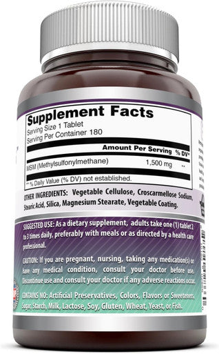 Amazing Nutrition Formulas MSM 1500 Mg 180 Tablets (Non-GMO Gluten-) - Helps to Protect & Rebuilt Connective Tissues - Supports Joint & Bone Health - Supports Healthy Aging