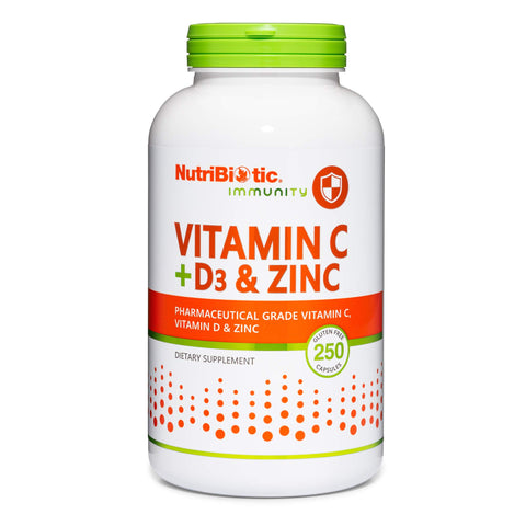 NutriBiotic Vitamin C + Vitamin D3 and Zinc Potent Comprehensive Immune Support Essential and Antioxidant Daily Supplement Gluten and GMO 250 Capsules