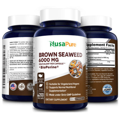 NusaPure Brown Seaweed Extract 6,000 mg with Bioperine - 200 Veggie Capsules (100% Vegetarian, Non-GMO & )