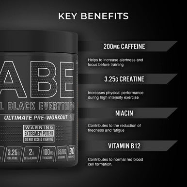 Applied Nutrition ABE All Black Everything Pre Workout Energy Increase Physical Performance with Citrulline Creatine Beta Alanine Caffeine Vitamin B Complex 315g 30 Servings (Candy Ice Blast)
