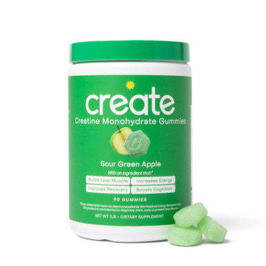 Create Creatine Monohydrate Gummies for Men & Women - Boost Focus, Strength, and Endurance, Anti-Melting Formula, Vegan, Gluten-Free, Non-GMO, 1.5 Gram Creatine per Gummy (Sour Green Apple, 90 ct)