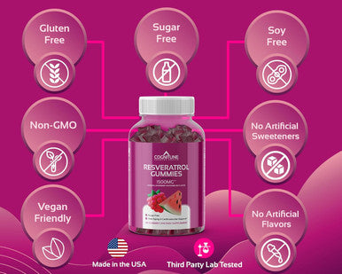 Cognitune Resveratrol Gummies - Sugar Natural Raspberry Watermelon Flavor 1500mg Resveratrol Supplement for Heart Brain Immune Support & Wellness Powerful Antioxidant with Anti-Aging Benefits