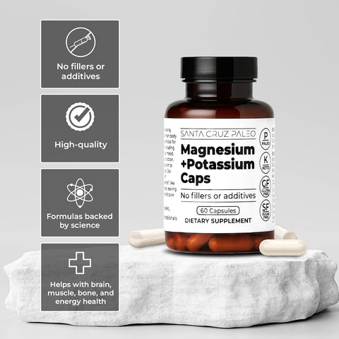 Santa Cruz Paleo Magnesium + Potassium Caps Supplement For Men And Women Paleo Keto Sugar and Gluten Magnesium Glycinate 166Mg And Potassium Citrate 38Mg Per Serving American Made 60 Caps