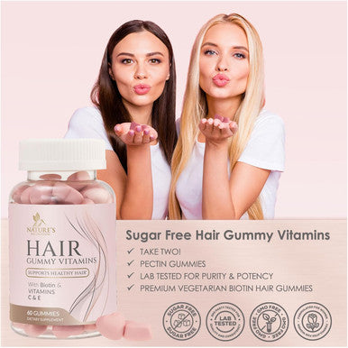 Nature'S Nutrition Sugar Hair Vitamins Gummies with Biotin 5000 mcg Vitamin A B12 C D E Folic Acid Supports Hair Growth Gummy Vegetarian Friendly Supports Strong Beautiful Hair and Nails - 60 Gummies