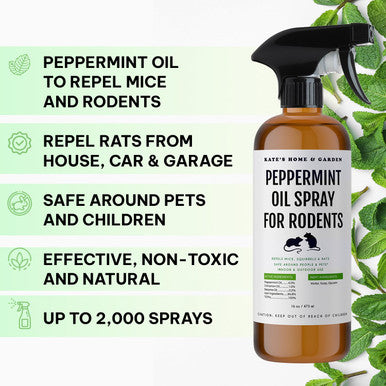 Kate Naturals Peppermint Oil Spray For Rodents Mouse Squirrels (16Oz Pet Safe). Rodent Repellent Outdoor For Car Engines Mice Rat Bat House Plants Pumpkins